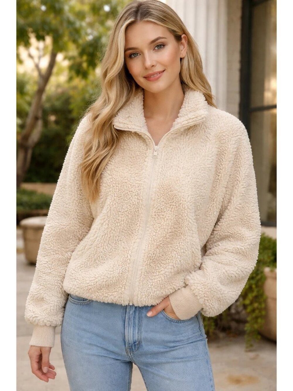 Abercrombie & Fitch XL Faux Fur Sherpa Fleece Zip-Up Jacket Beige